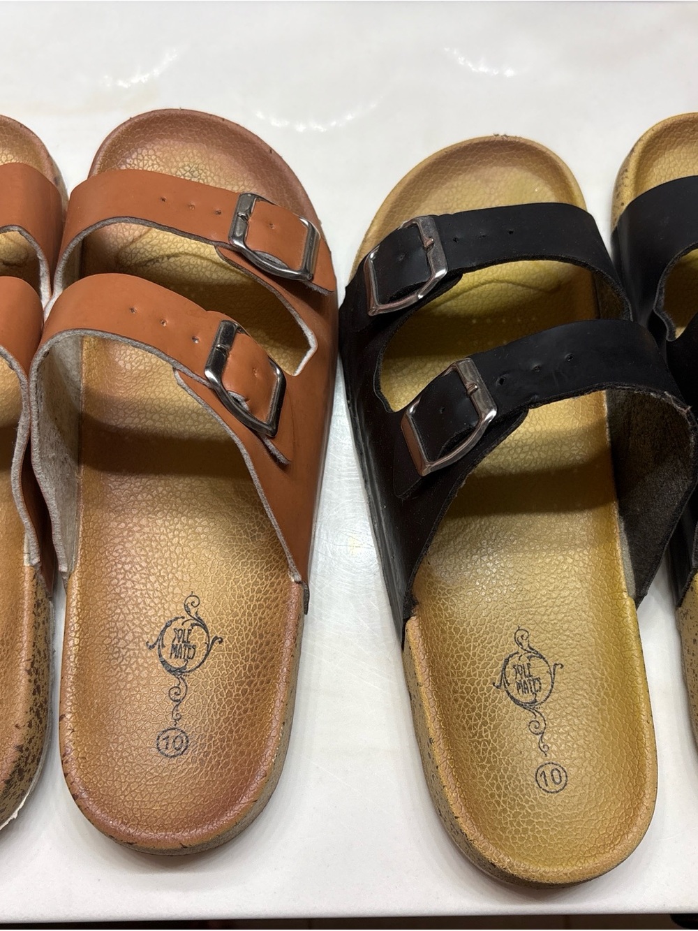 Soulmates Double-Buckle Slide Sandals in Brown and Black